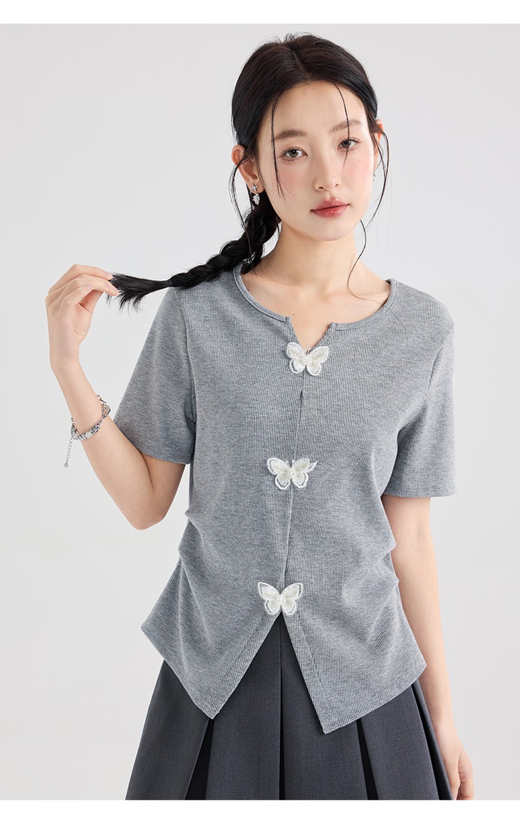 大尺碼灰色針織T卹女新品短袖設計感氣質立體蝴蝶上衣