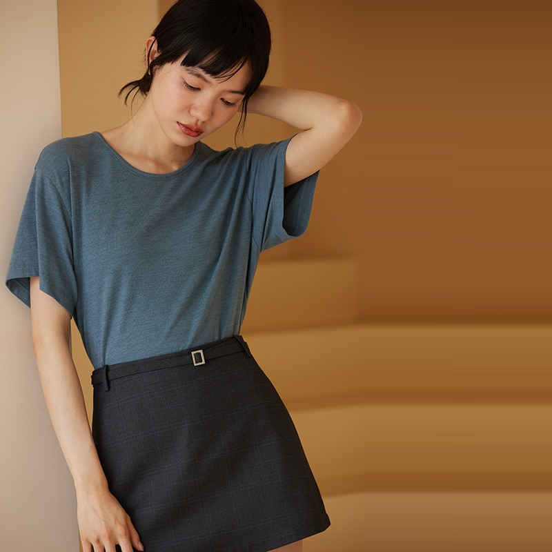 夏日青瓷藍T恤柔軟羊毛輕盈透氣基礎款圓領寬鬆短袖上衣