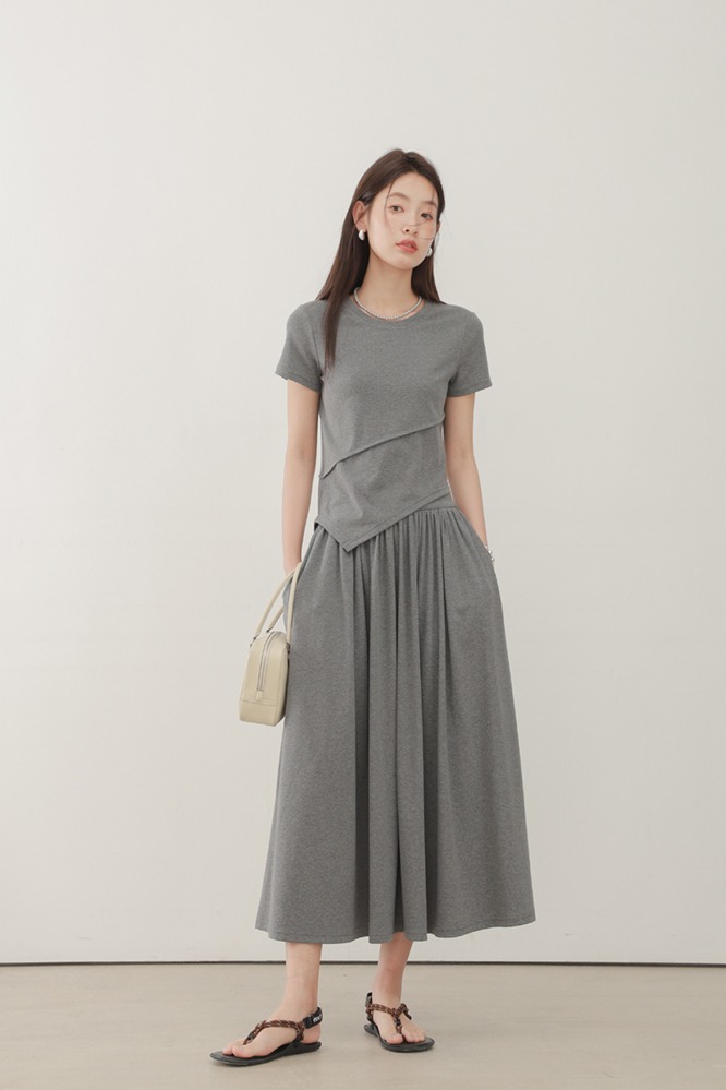 不規則設計感灰色短袖T卹女款上衣中長半身裙套裝
