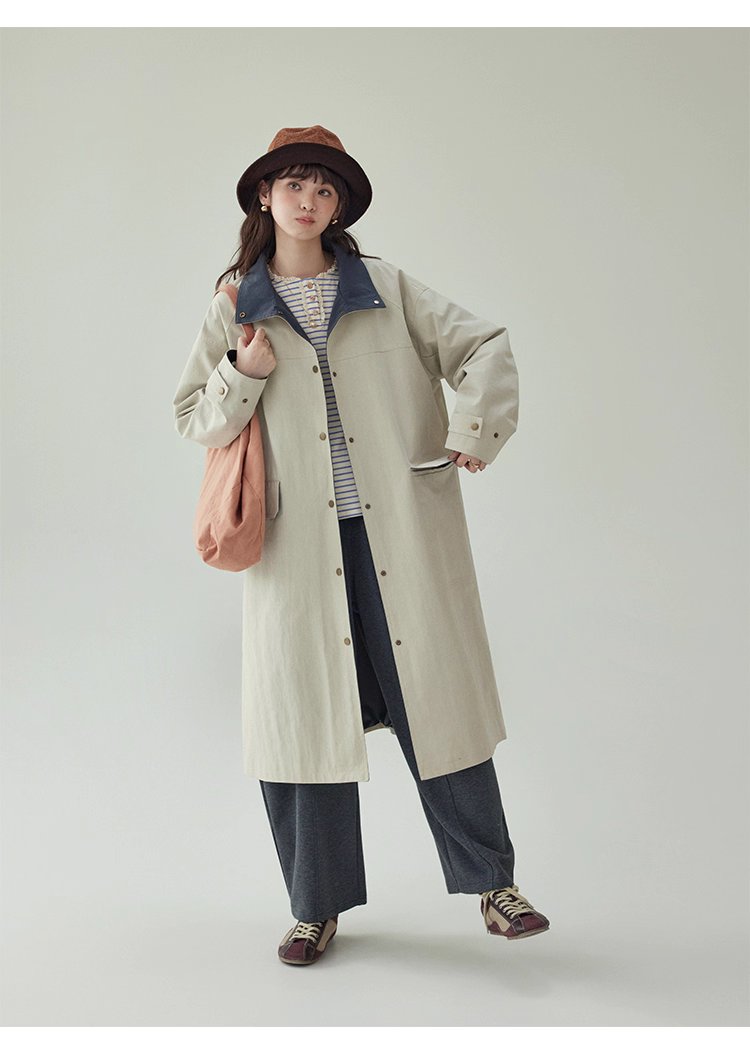 日系純色立領長風衣外套女秋新款寬鬆長袖上衣