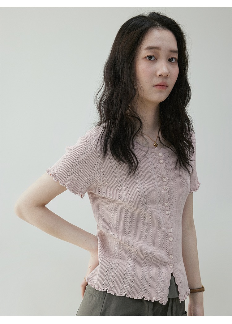 木耳邊休閒圓領針織T卹減齡寬鬆百搭上衣