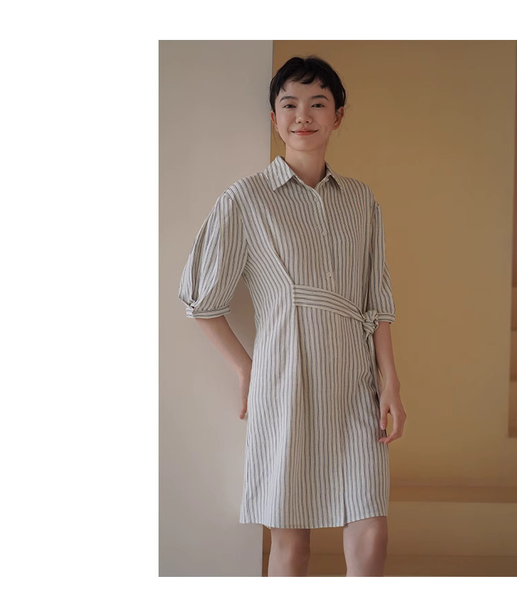 法式氛圍感度假通勤兼顧經典條紋襯衫裙顯瘦綁帶連身裙