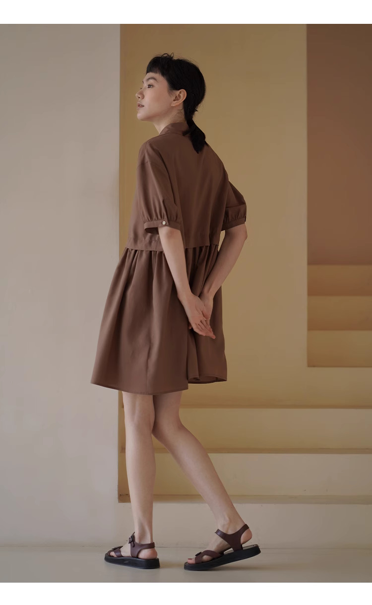 復古烤肉桂洋裝精緻小翻領寬鬆垂順顯瘦A字短裙女