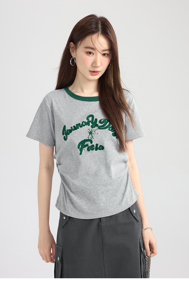 重工刺繡灰色t卹短袖小眾設計感女春夏甜辣胖mm大尺碼