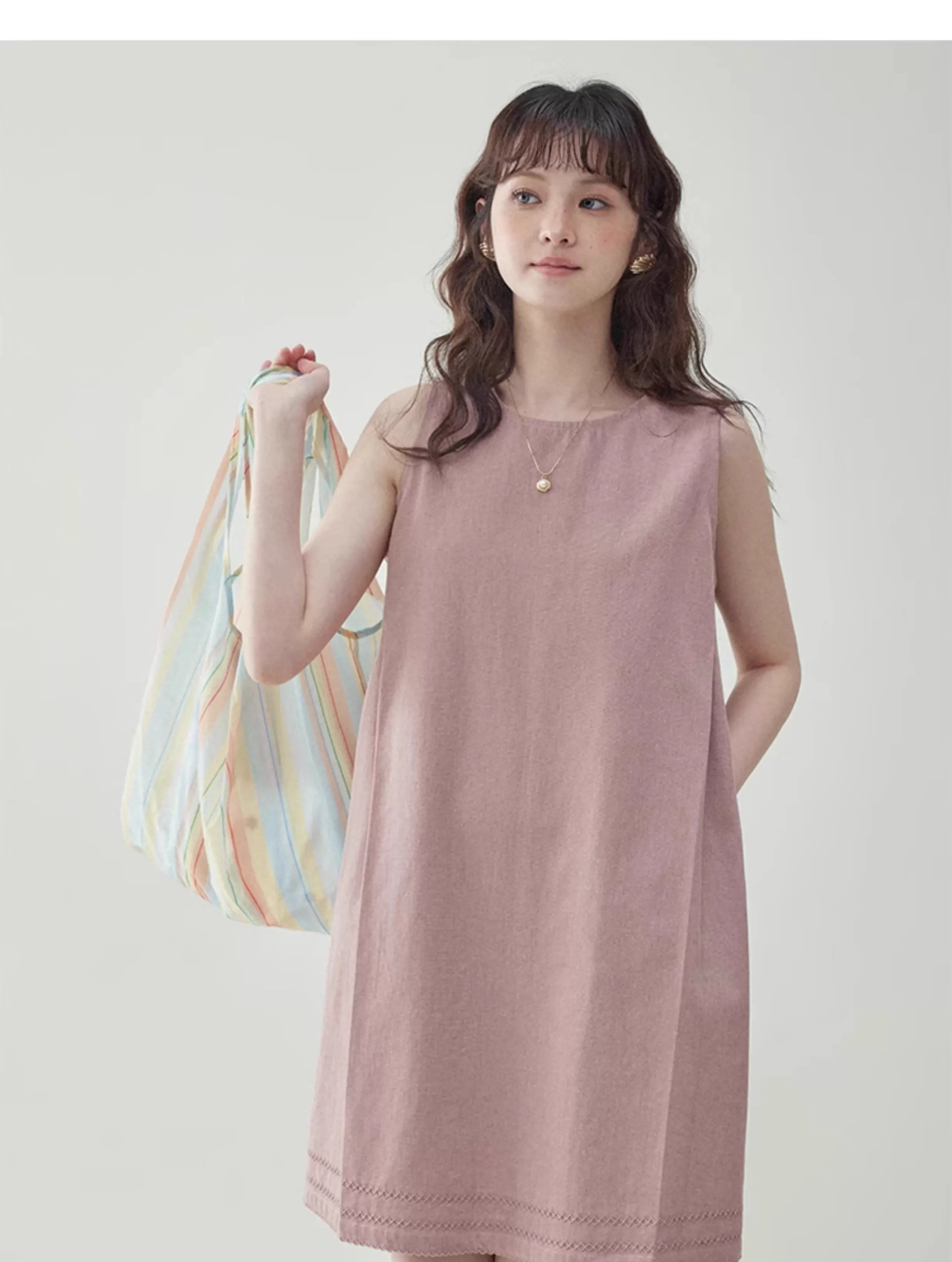 甜美粉紅無袖純棉洋裝女夏新款小個子背心短裙