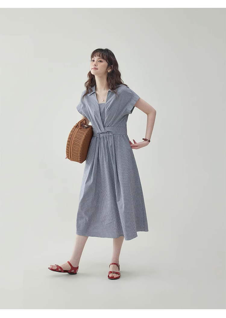 黑白格紋扭結短袖連身裙女夏季新款收腰a字中裙