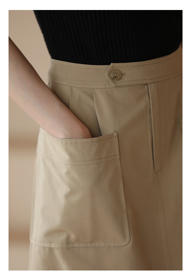 天絲棉透氣立體口袋不對稱腰頭設計高腰顯瘦直筒半長裙