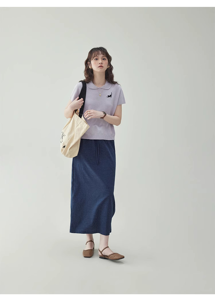 小貓繡花娃娃領針織t卹女夏新款寬鬆短袖上衣