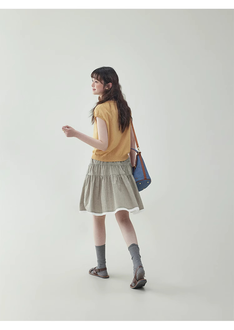 黃色綁帶v領無袖針織衫女夏季新款寬鬆短上衣