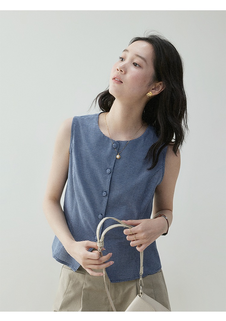 法式撞色格紋圓領無袖背心女夏季新款氣質減齡上衣