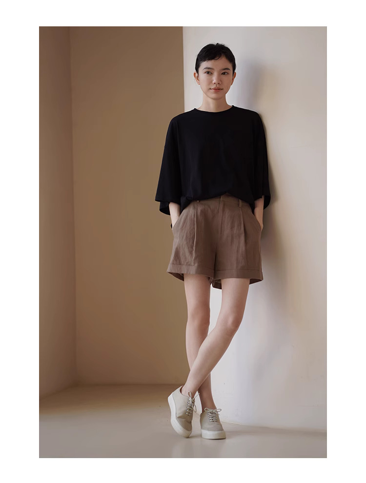 簡約氣質老錢亞麻棉折邊度假風清爽薄款高腰顯瘦短褲女