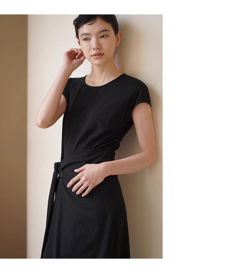 設計師通勤中彈性針織顯瘦圍裹式收腰綁帶圓領洋裝女