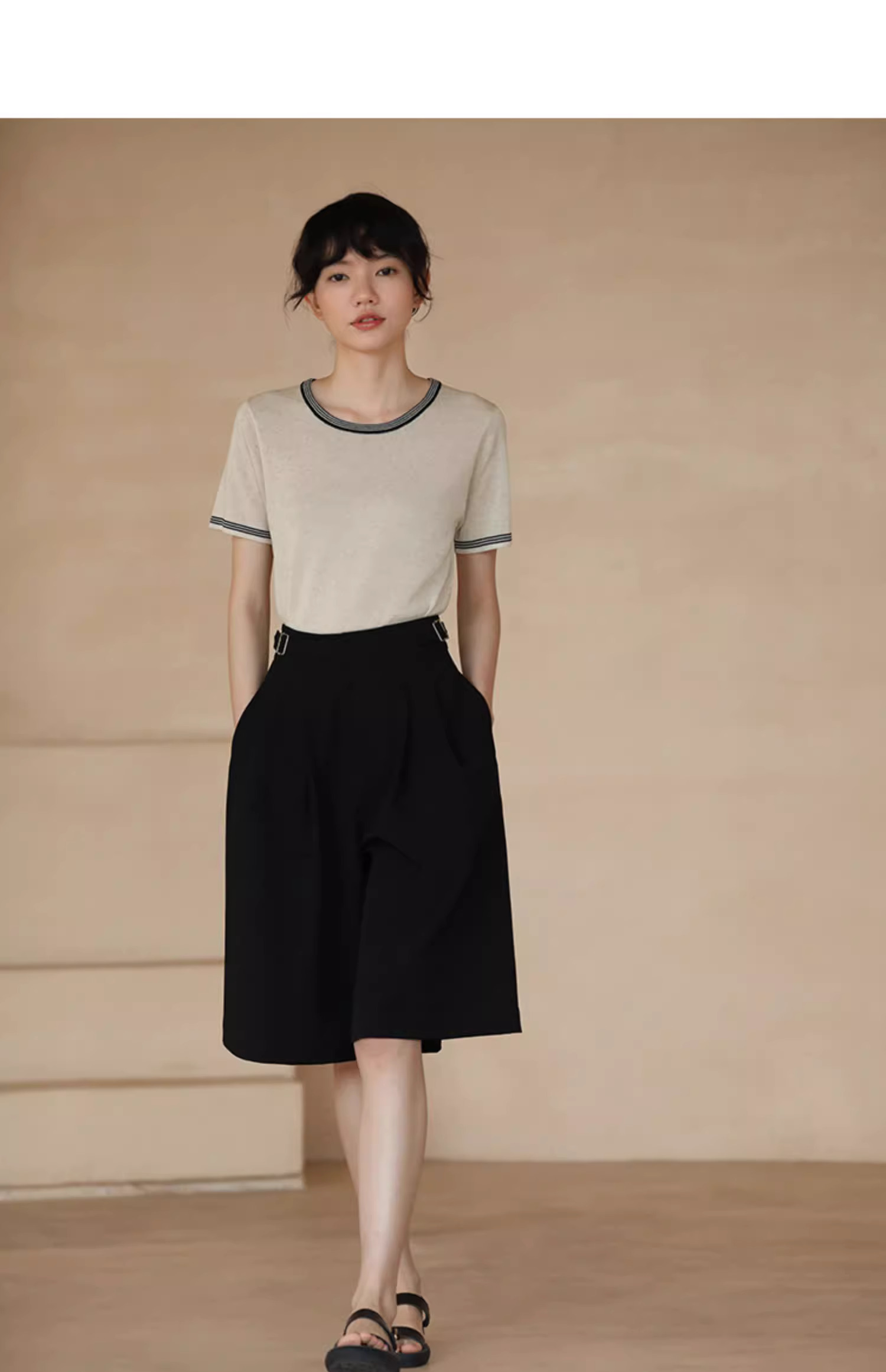 夏季冰涼透氣萊賽爾亞麻混紡撞色刺繡薄款寬鬆針織T恤女