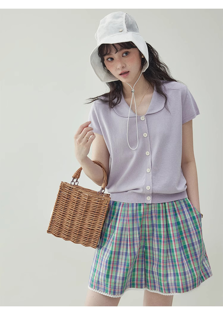 溫柔紫色娃娃v領針織衫女夏季新款短袖扣上衣