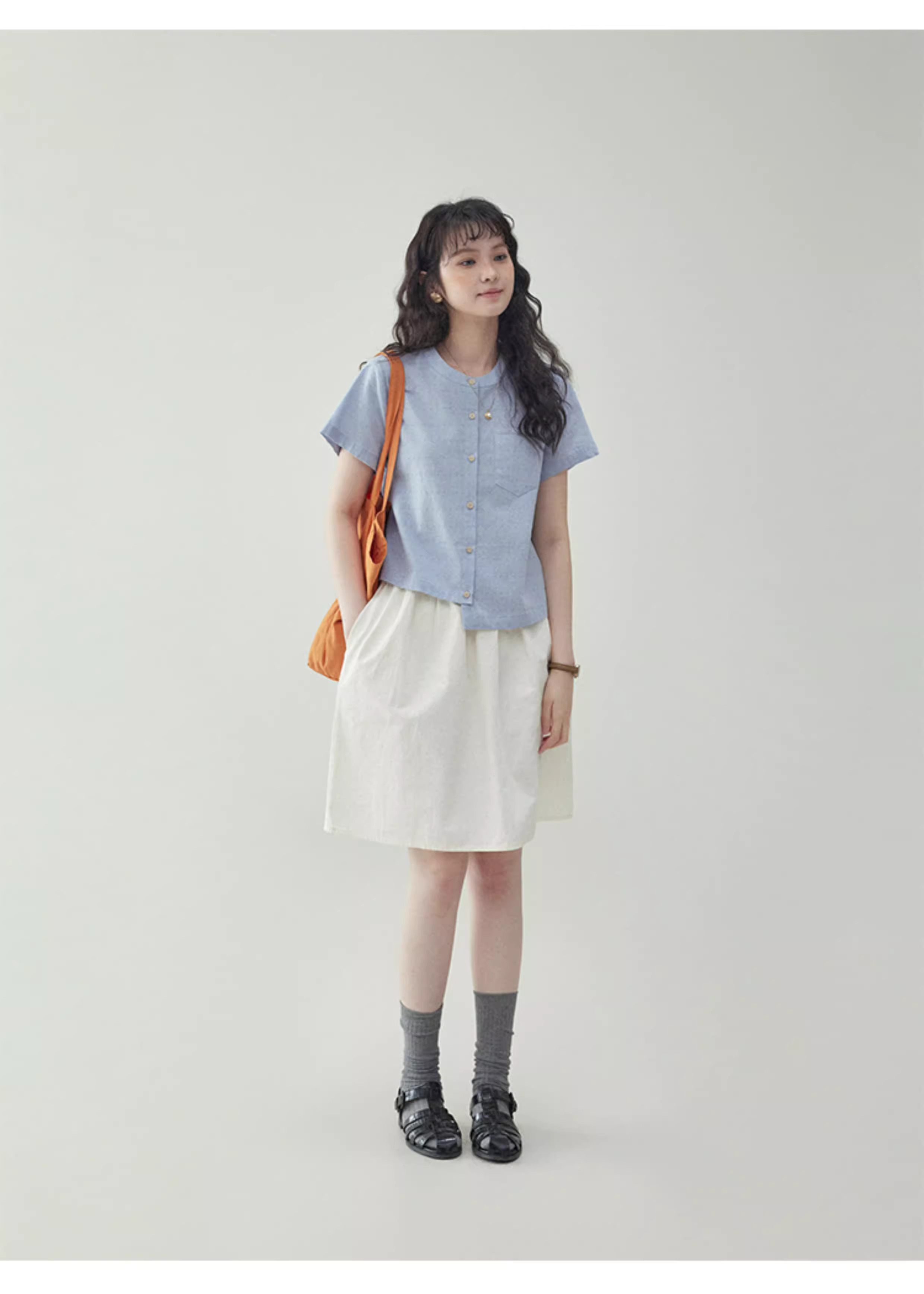 藍色不規則下擺純棉襯衫女夏季新款圓點短袖上衣