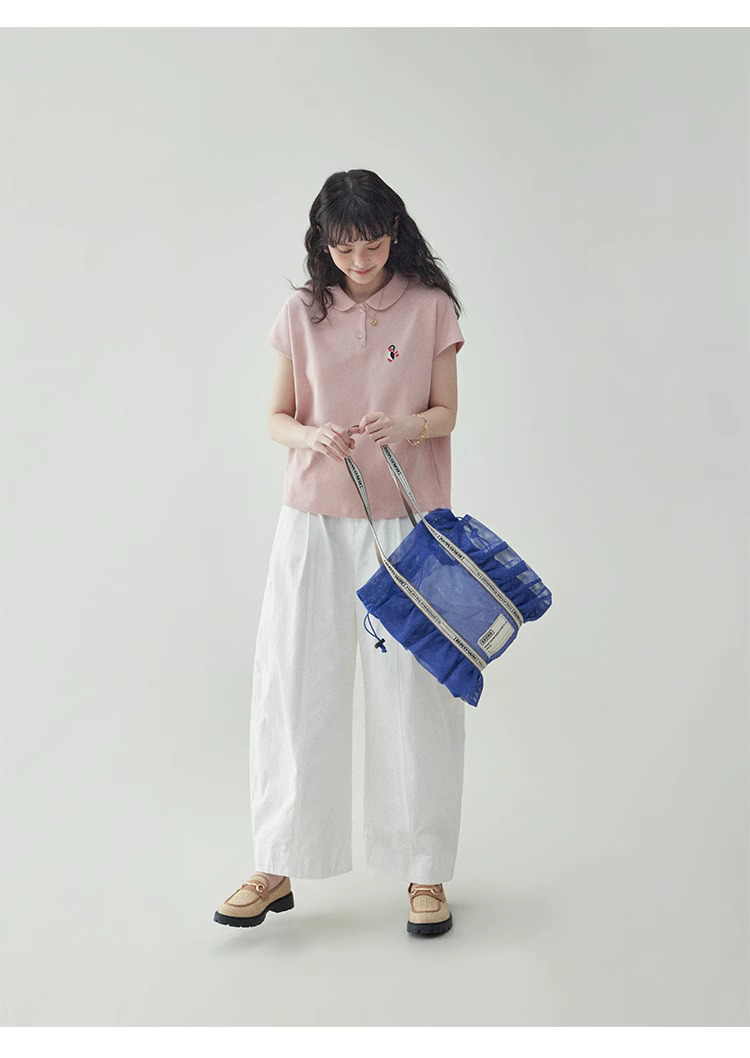 粉紅娃娃領企鵝刺繡T恤女夏季新款減齡短袖上衣