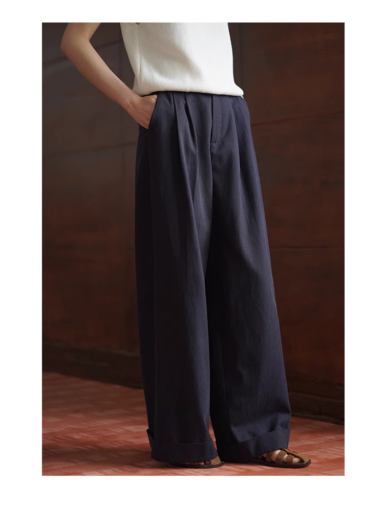 筆筆直修腿長褲萊賽爾棉挺括寬鬆高腰折邊休閒闊腿褲女