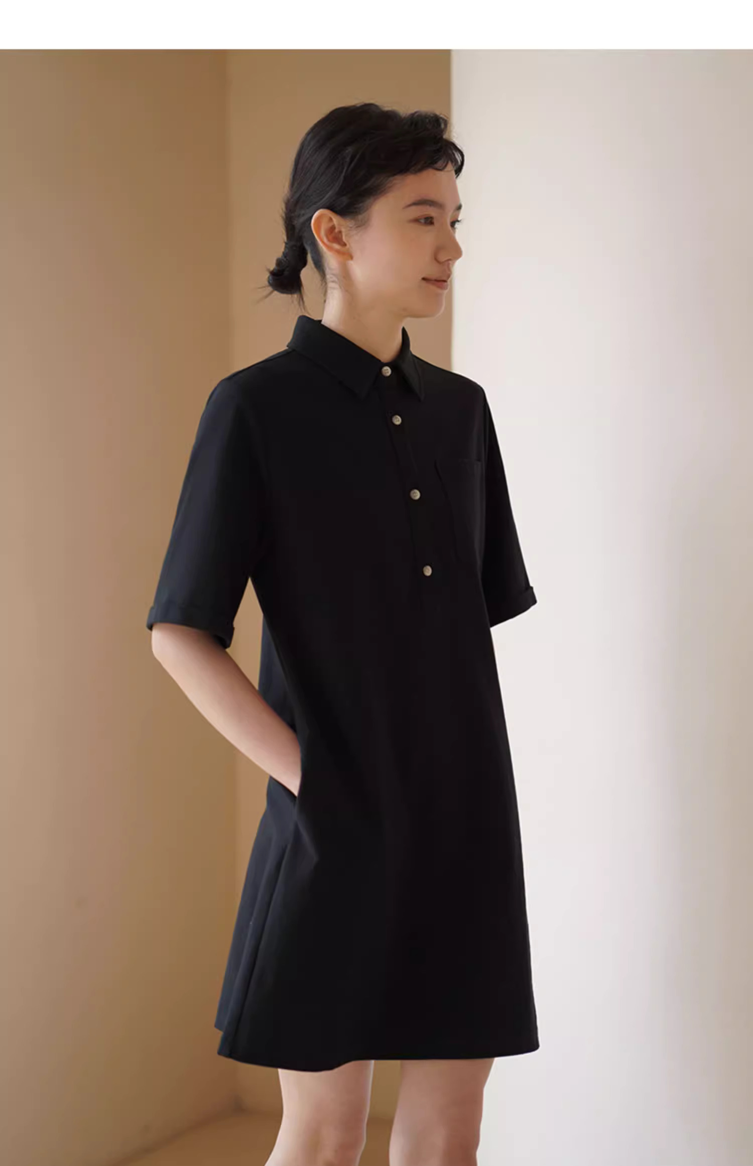 經典復古美式學院Polo領針織短款顯瘦休閒直筒洋裝女
