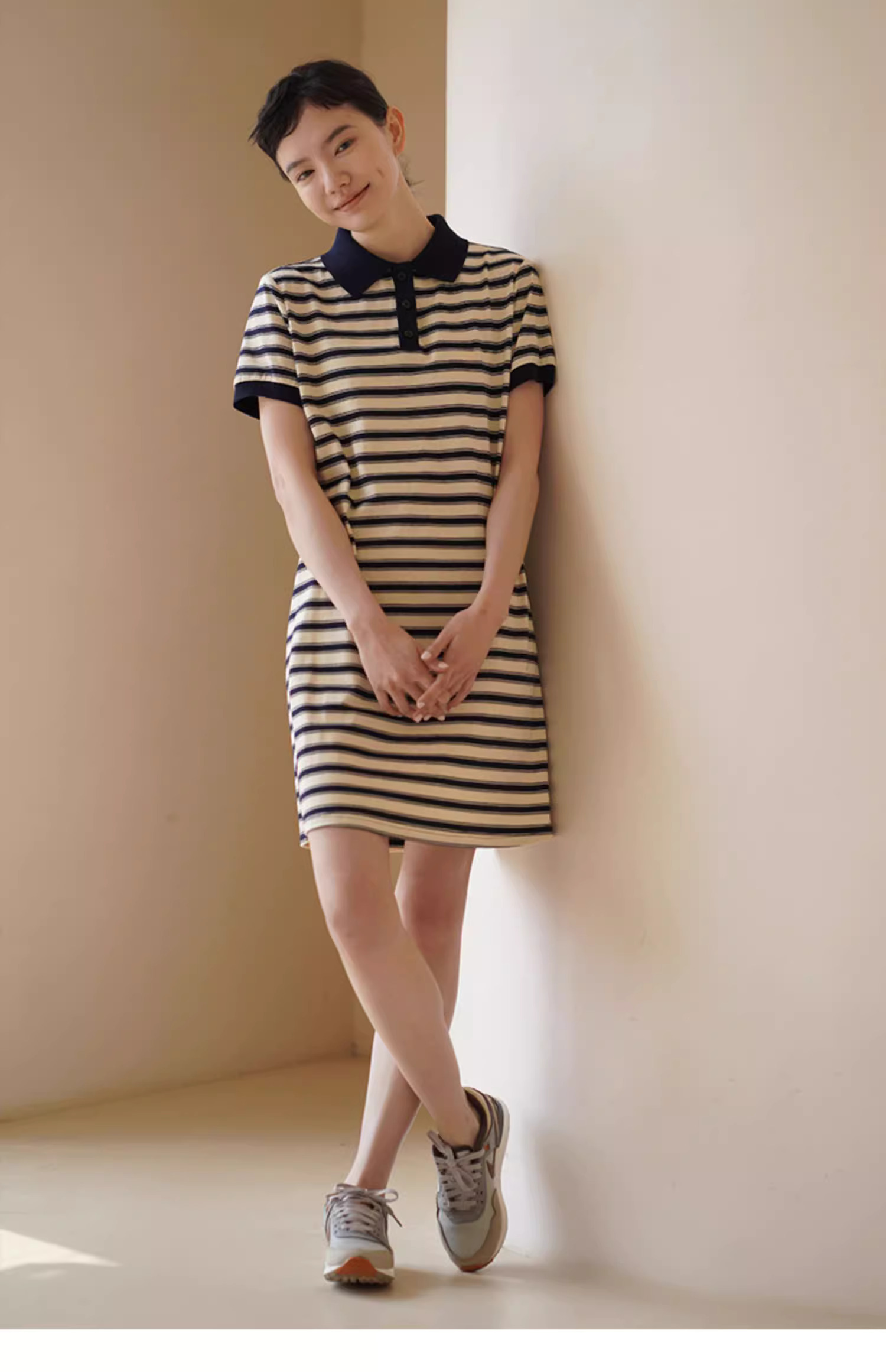 美式條紋日洋裝24支雙紗平紋棉混紡顯瘦撞色Polo裙女