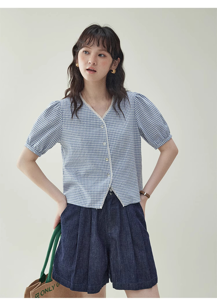 藍格泡泡袖短版純棉襯衫女夏季新款甜美寬鬆上衣