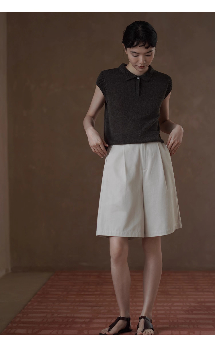 苔痕雨季透氣輕薄亞麻棉紗線Polo領針織顯瘦短袖上衣女