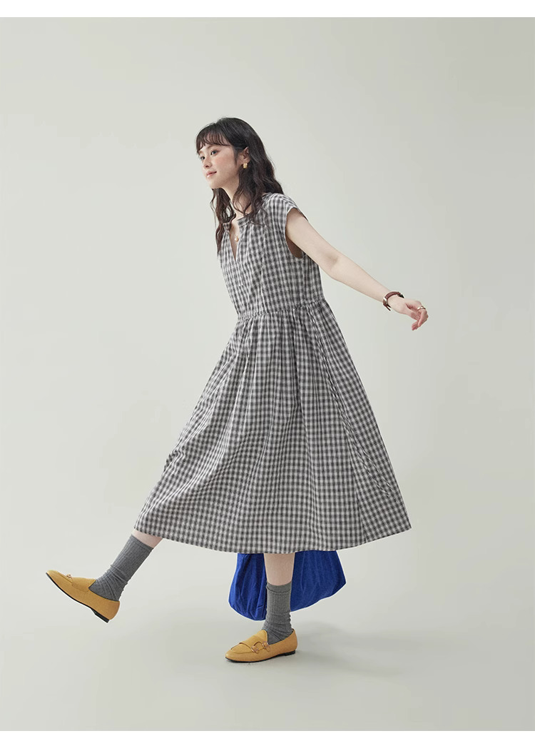 黑格抽繩v領純棉洋裝女夏季新款a字短袖中長裙