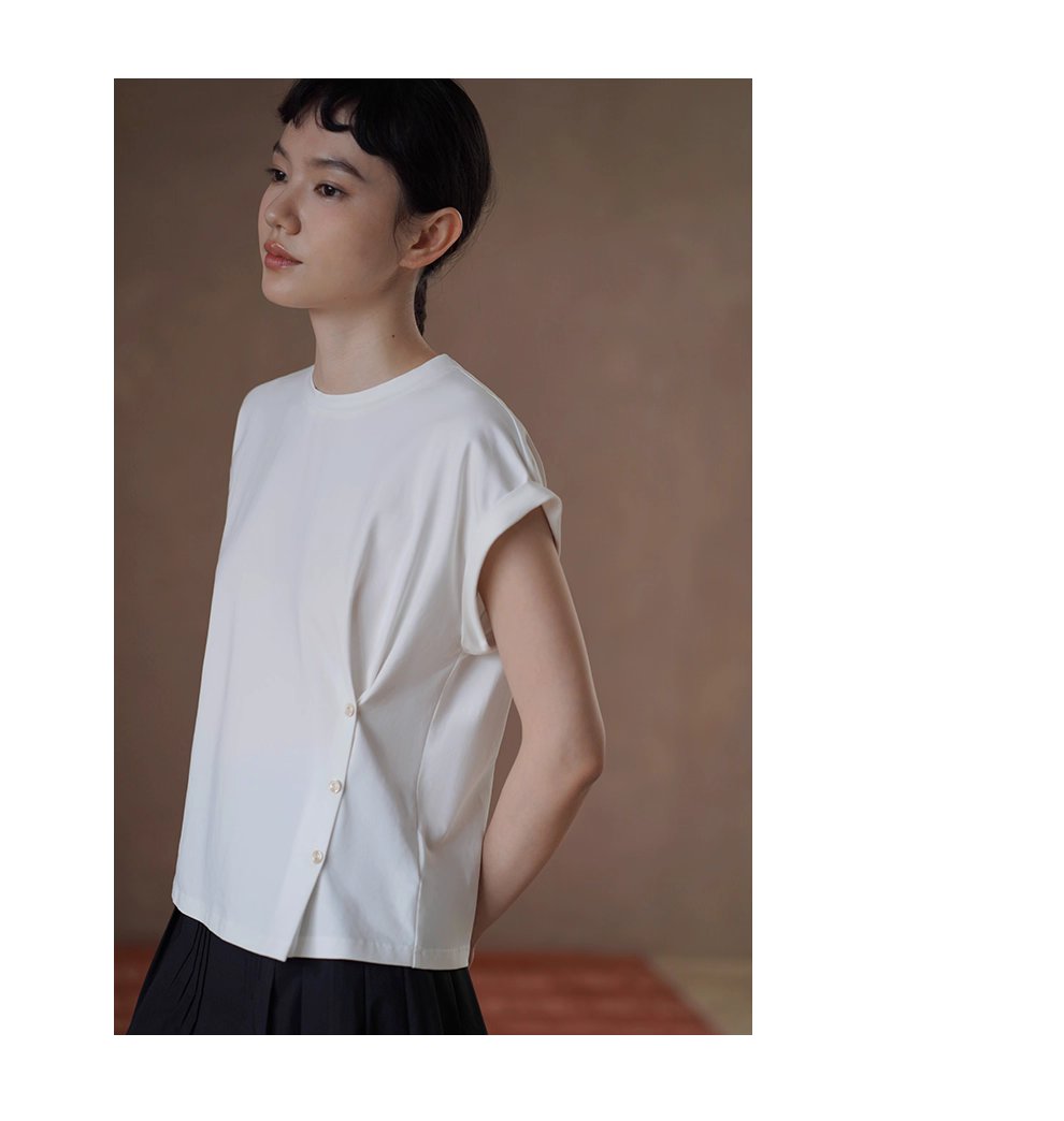 建構感白T恤側邊收腰羈扣設計修身圓領折邊短袖通勤上衣