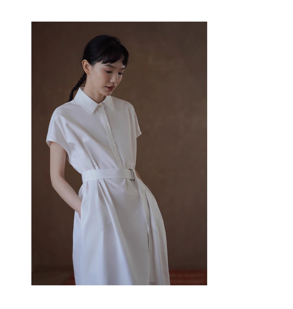 浮生一日清冷通勤洋裝寬鬆顯瘦腰帶半門襟長襯衫裙