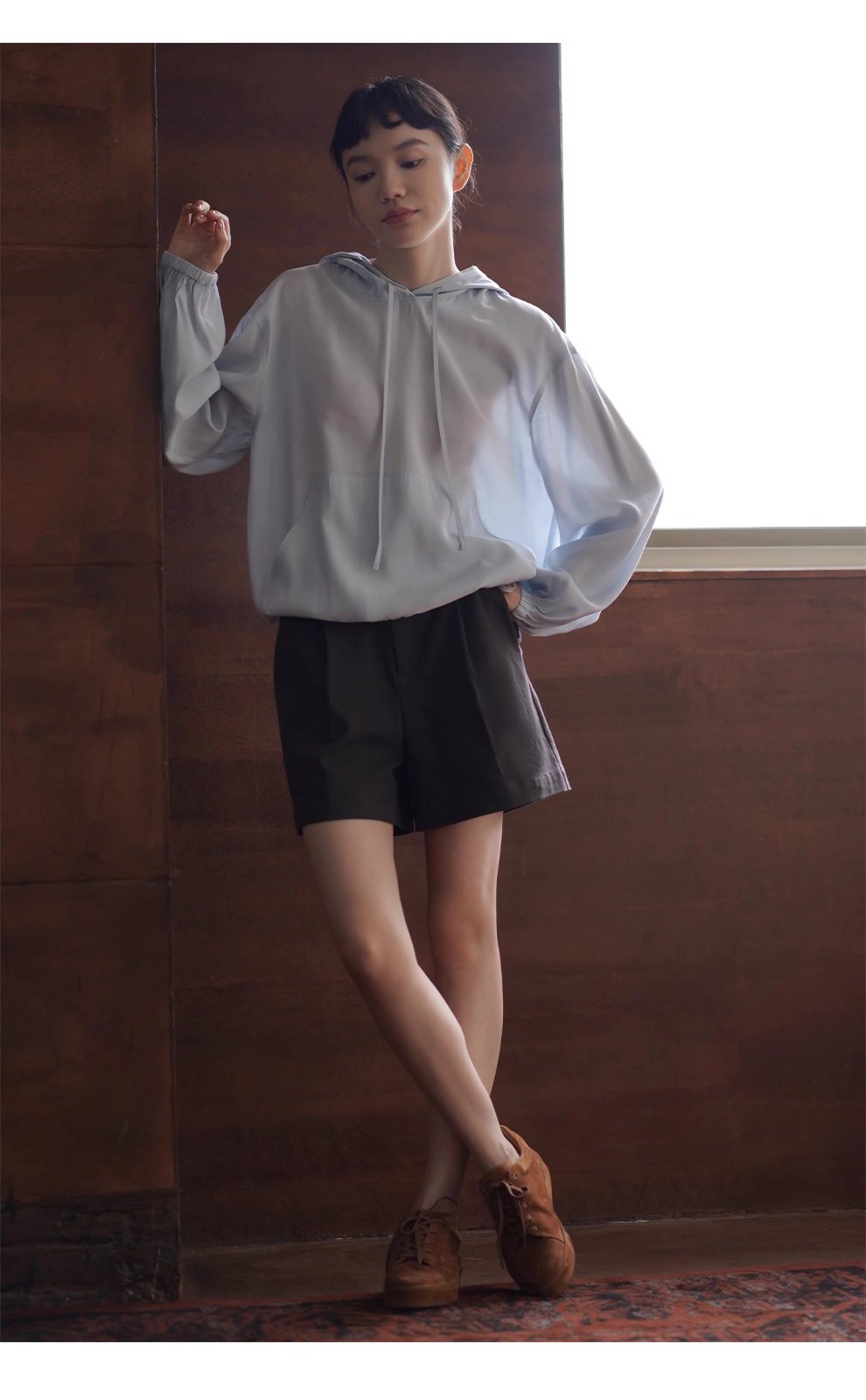 潤石晶藍清涼透氣連帽寬鬆顯瘦長袖休閒襯衫薄上衣女