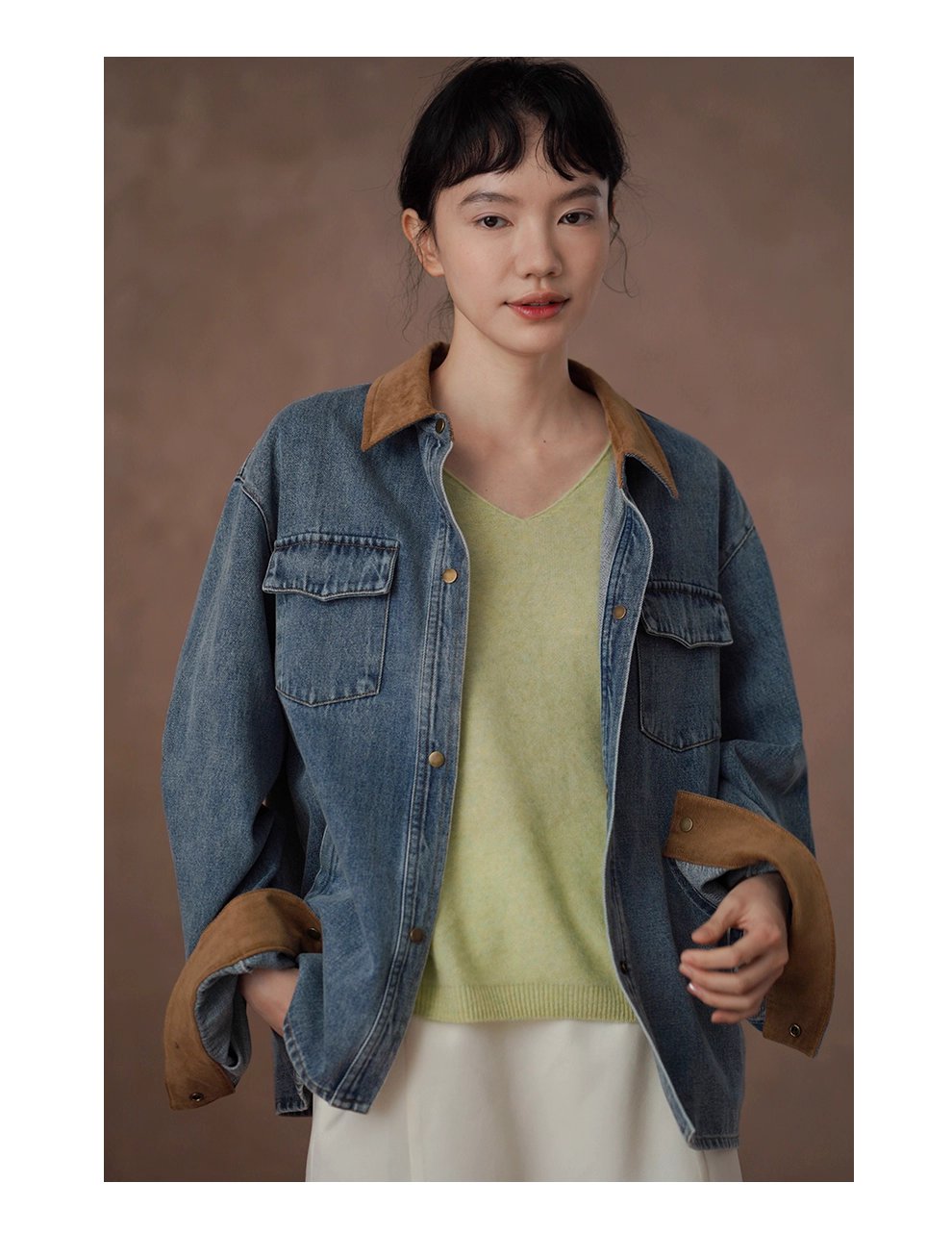 復古風潮做舊水洗燈芯絨拼接翻領牛仔襯衫寬鬆顯瘦外套
