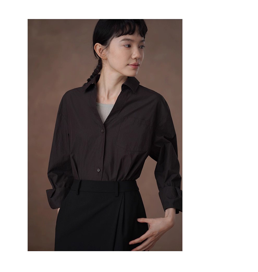 知識分子高智感襯衫濃鬱古巴咖寬鬆顯瘦V領廓形通勤上衣