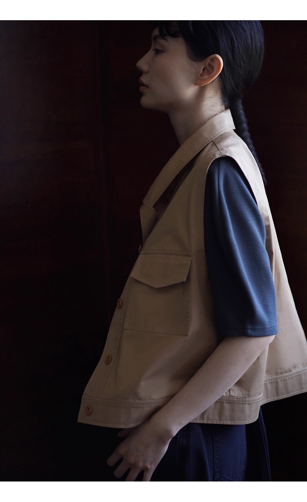 楓葉長椅馬甲顯瘦挺括親膚萊賽爾棉立領工裝疊穿外套女