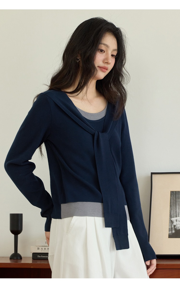 大尺碼假兩件綁帶針織衫上衣長袖打底衫