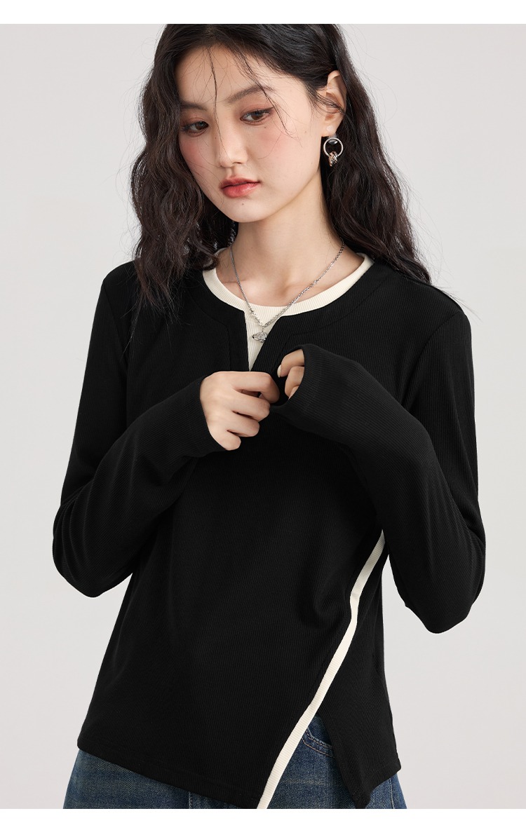 大尺碼黑色針織衫女打底衫顯瘦胖mm正肩長袖上衣