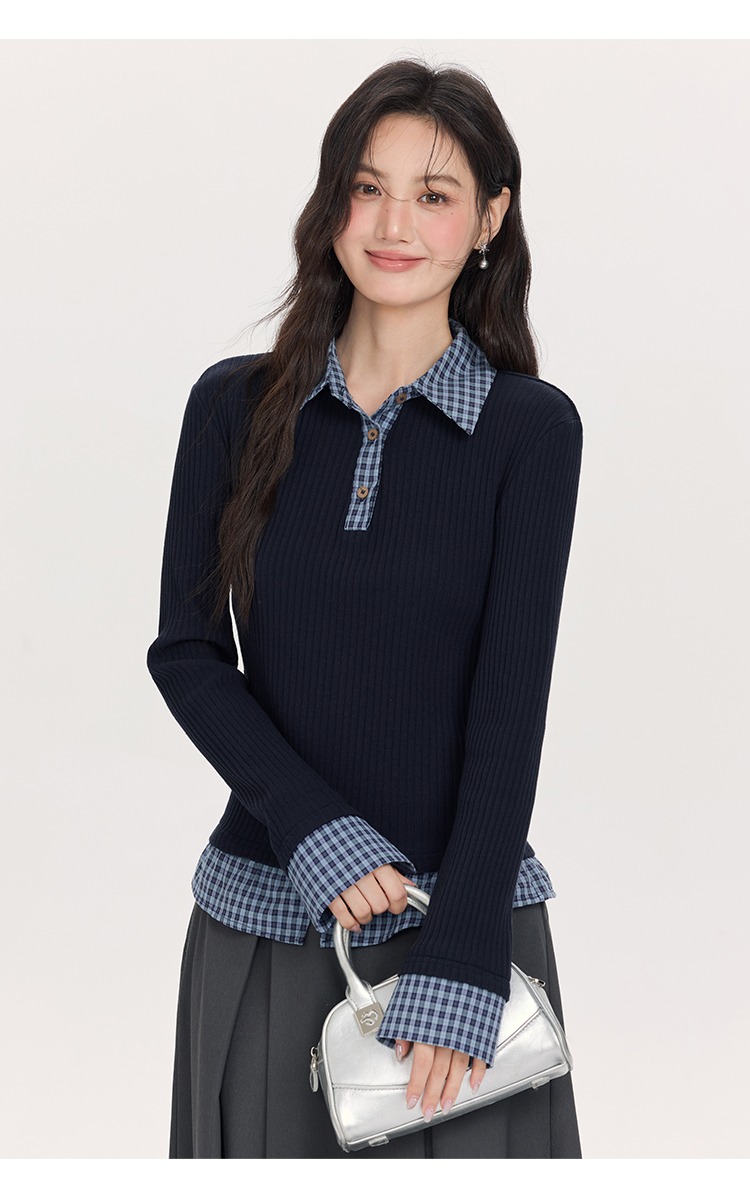 大尺碼拼接格紋襯衫假兩件針織衫polo領上衣