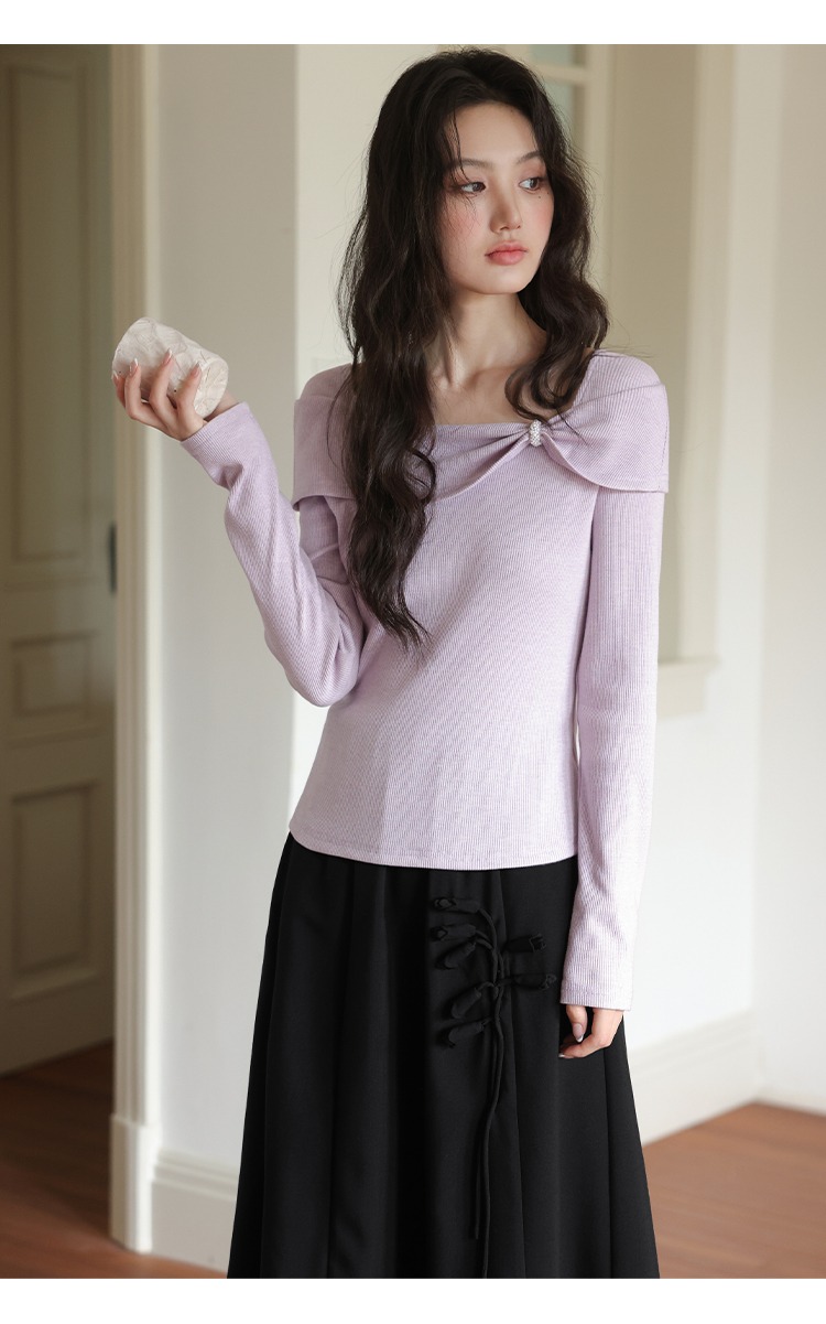 大尺碼氣質穿搭方領針織衫新款內搭打底衫秋季紫色上衣