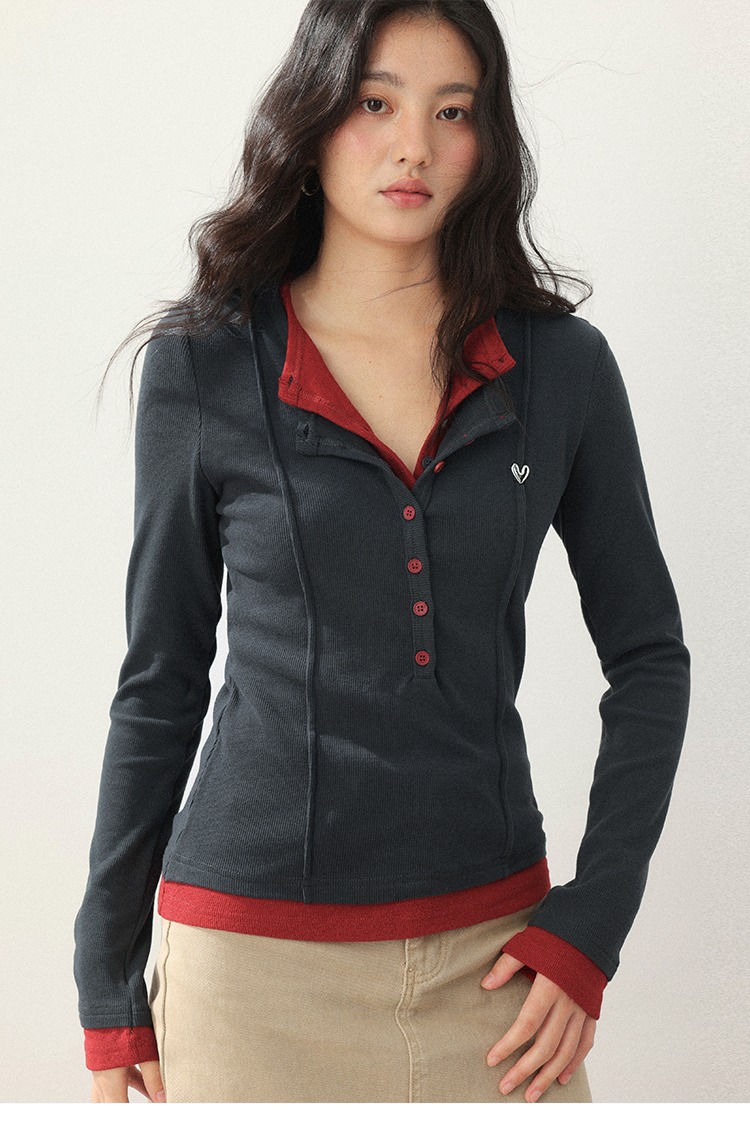 大尺碼秋裝灰色正肩長袖設計感假兩件疊穿上衣