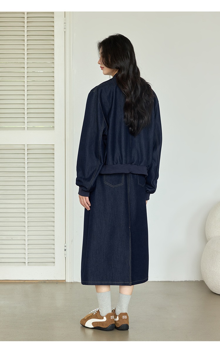 大尺碼棒球外套女半身長裙兩件套天絲牛仔套裝