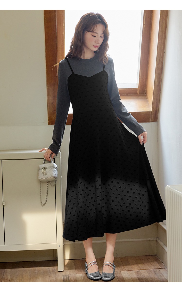 大尺碼拼接假兩件洋裝高級感早秋女裝黑色裙子