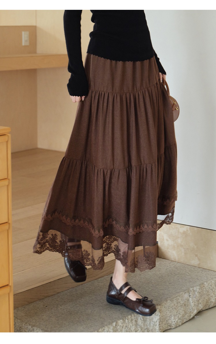大尺碼蕾絲拼接A字半身裙蛋糕裙棕色裙子