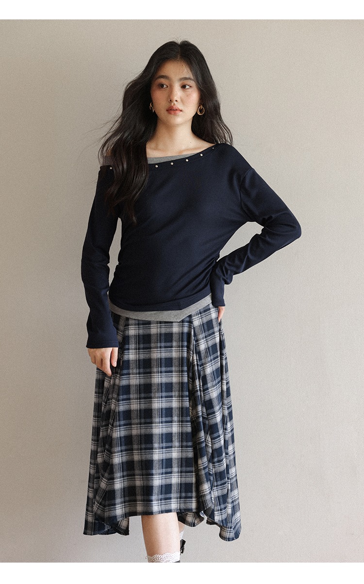 大尺碼一字肩上衣T恤個性撞色修身上衣