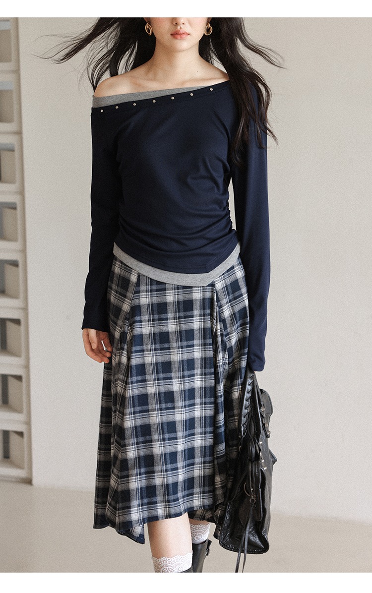 大尺碼藍白拚色格紋半身裙不規則裙襬個性穿搭