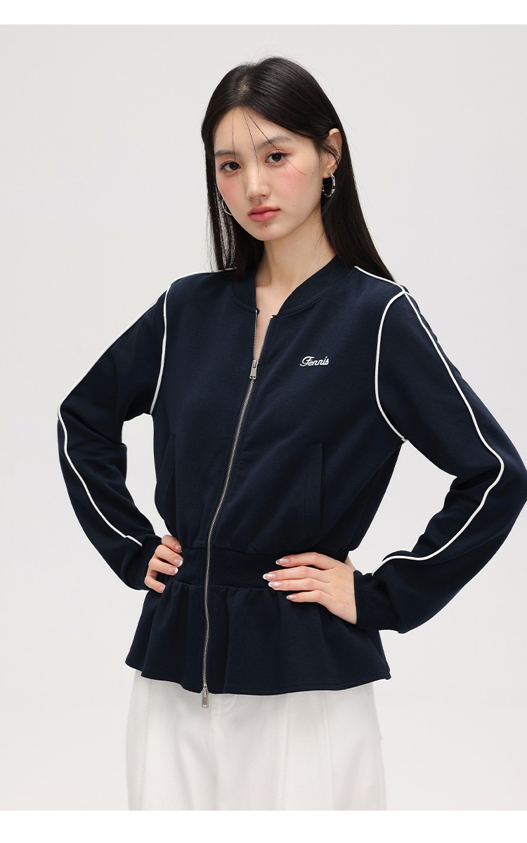 大尺碼收腰衛衣外套女拉鍊開襟衫荷葉邊上衣外套