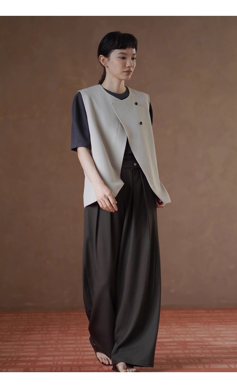 高品質色紡西裝布料可調式腰帶寬鬆垂順顯瘦闊腿長褲女