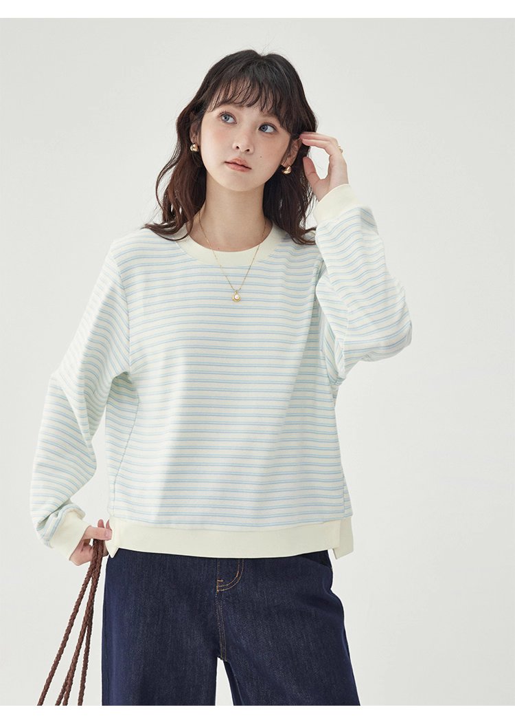 條紋不規則下擺衛衣T恤女秋季新款圓領長袖上衣
