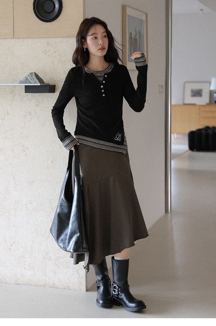 大尺碼假兩件長袖T恤條紋拼接開岔上衣