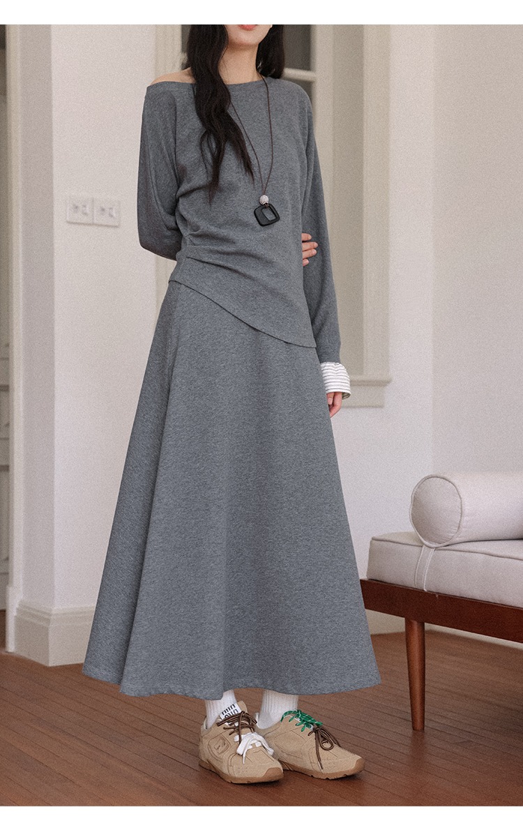 中大尺碼斜肩長袖上衣半身裙兩件套裝