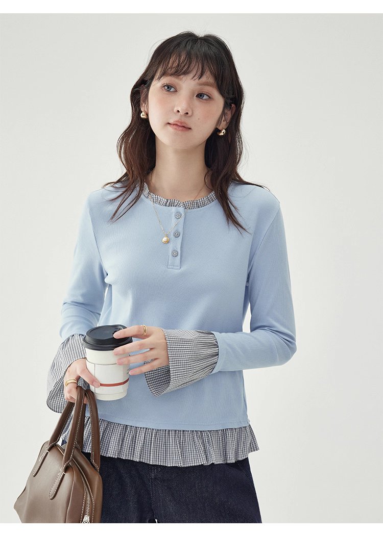 撞色拼接襯衫喇叭袖t卹女秋季新款寬鬆長袖上衣