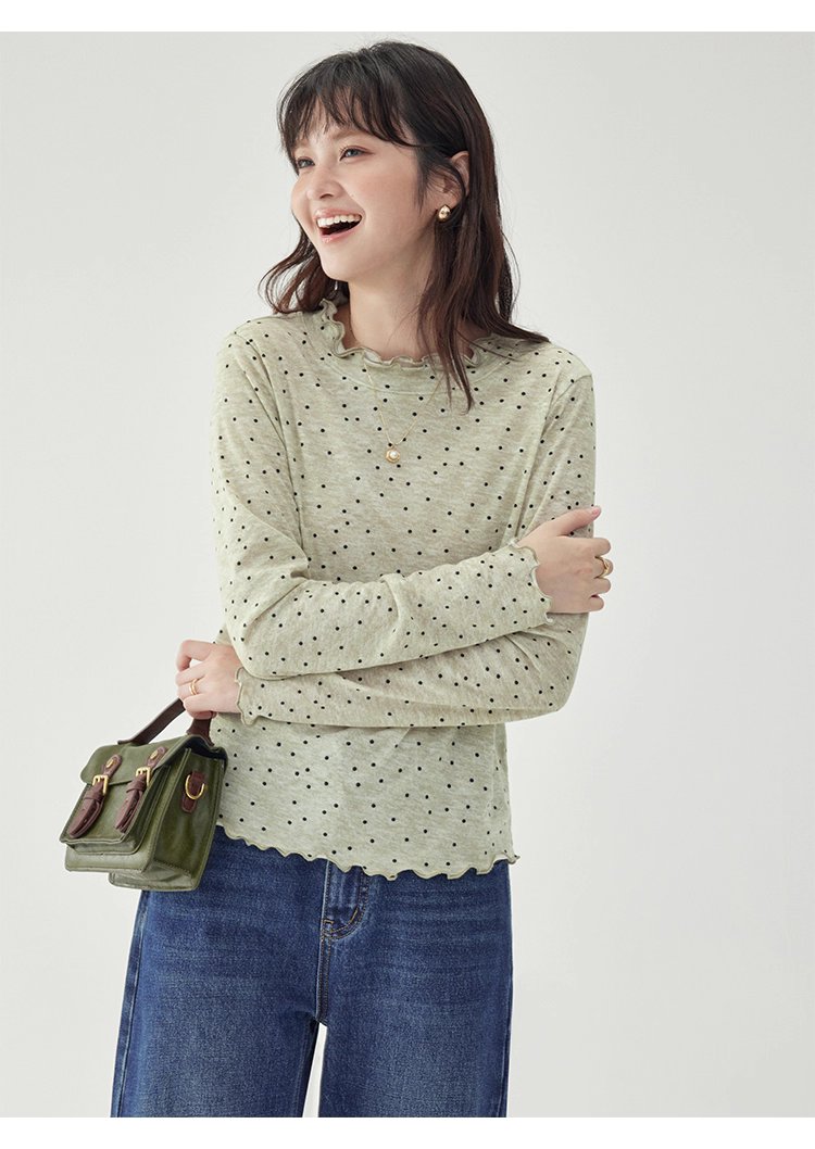 韓系密邊領波點長袖T恤女秋季新款內搭寬鬆上衣
