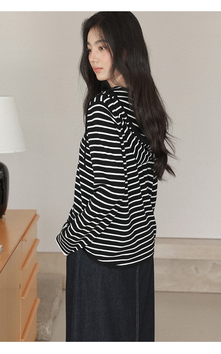 大尺碼胖mm條紋針織衫秋季寬鬆連帽上衣